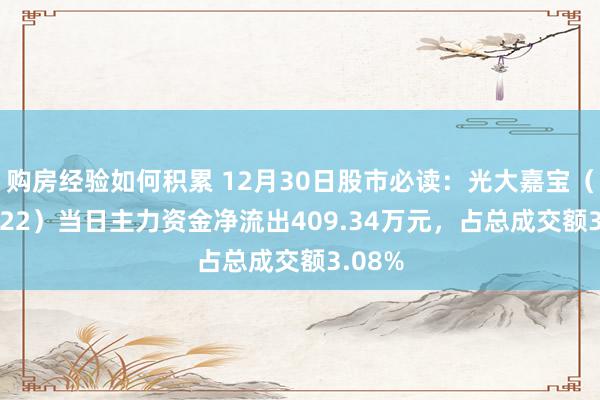 购房经验如何积累 12月30日股市必读：光大嘉宝（600622）当日主力资金净流出409.34万元，占总成交额3.08%