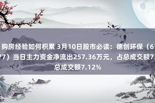 购房经验如何积累 3月10日股市必读：德创环保（603177）当日主力资金净流出257.36万元，占总成交额7.12%