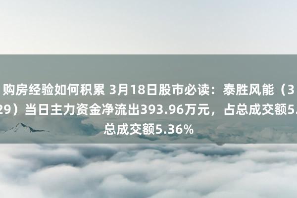 购房经验如何积累 3月18日股市必读：泰胜风能（300129）当日主力资金净流出393.96万元，占总成交额5.36%